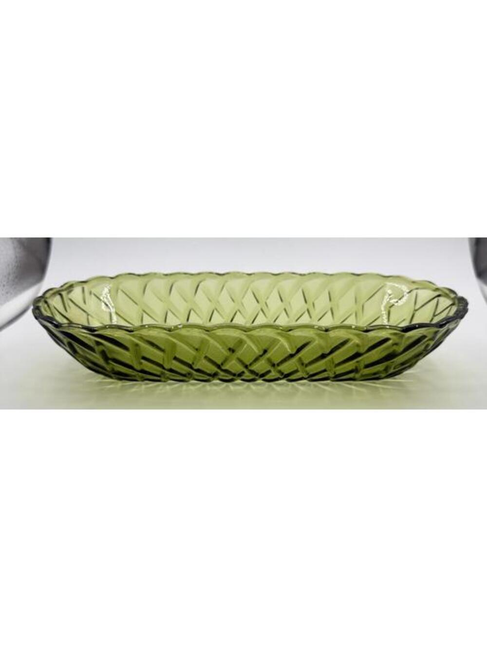Vintage Indiana Glass relish dish in classic avocado green MCM